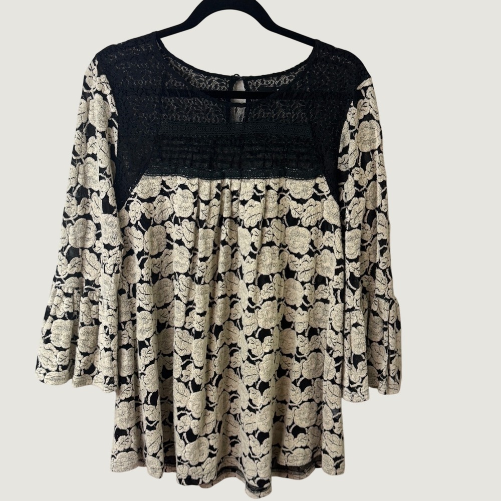 Ryu Floral Lace Yoke Bell Sleeve Tunic Top Black Cream Romantic Cottagecore M